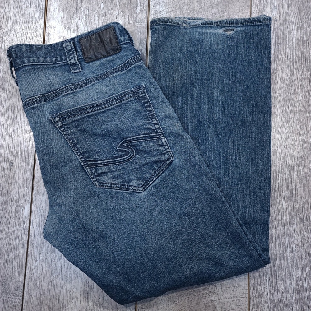 Silver Jeans Zac Relaxed Fit Mens 36x31 Blue Straight Leg Distressed Denim